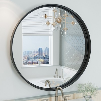 Apmir Round High Quality Aluminum Alloy Framed French Cleat Mounted Wall Decor Bathroom Vanity Mirror in matte black with 5-Year Warranty
