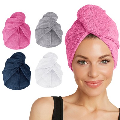 Turbie Twist Microfiber Hair Towel Wrap - for Women, Men & Kids - Quick Dry Hair Turban - 4 Pack (Pink, Blue, Grey, White)
