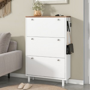 Narrow Tipping Bucket Shoe Cabinet, 3-Drawer Wood Grain Top with 3 Hooks, Adjustable Panel Hallway Rack - 1 of 3