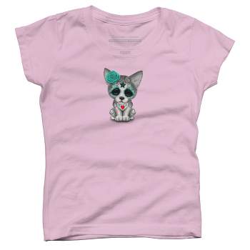 Girl's Design By Humans Blue Day of the Dead Sugar Skull Wolf Cub By jeffbartels T-Shirt