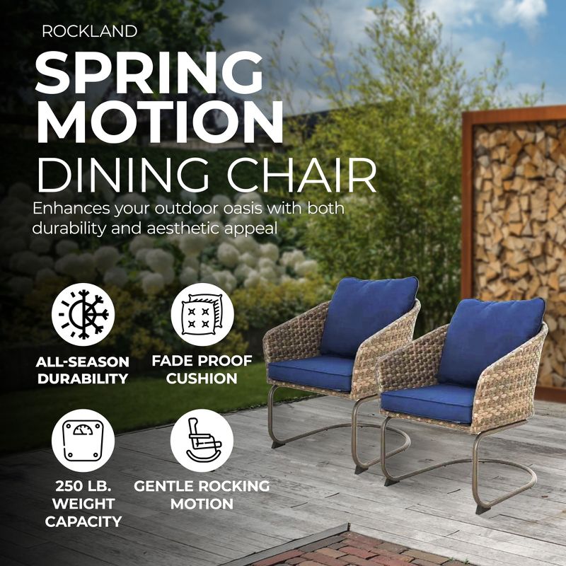 Four Seasons Courtyard Rockland Alloy Steel Frame Spring Recliner Motion Dining Chair Furniture Set with Navy Blue Olefin Cushions, Brown, Set of 2, 4 of 8