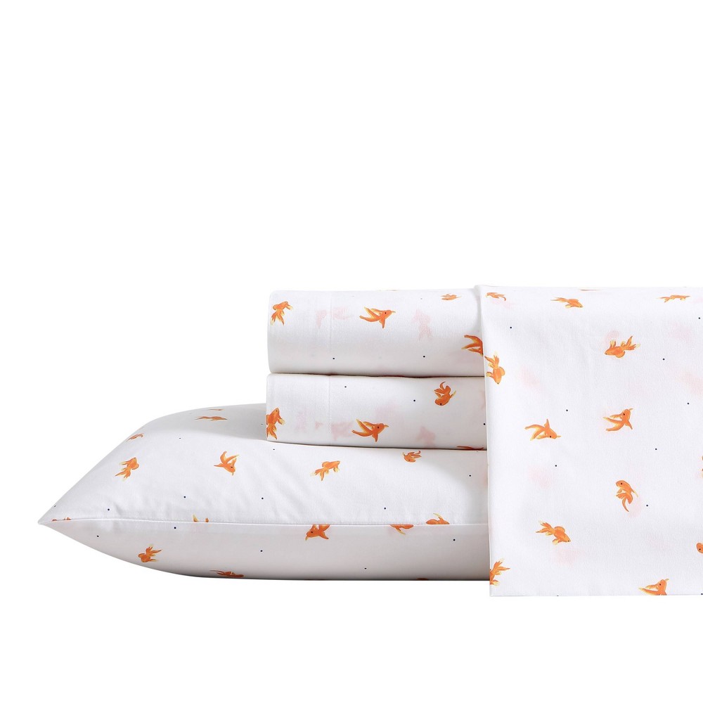 Photos - Bed Linen Twin XL Printed Pattern Percale Cotton Sheet Set Orange Goldfish - Poppy &