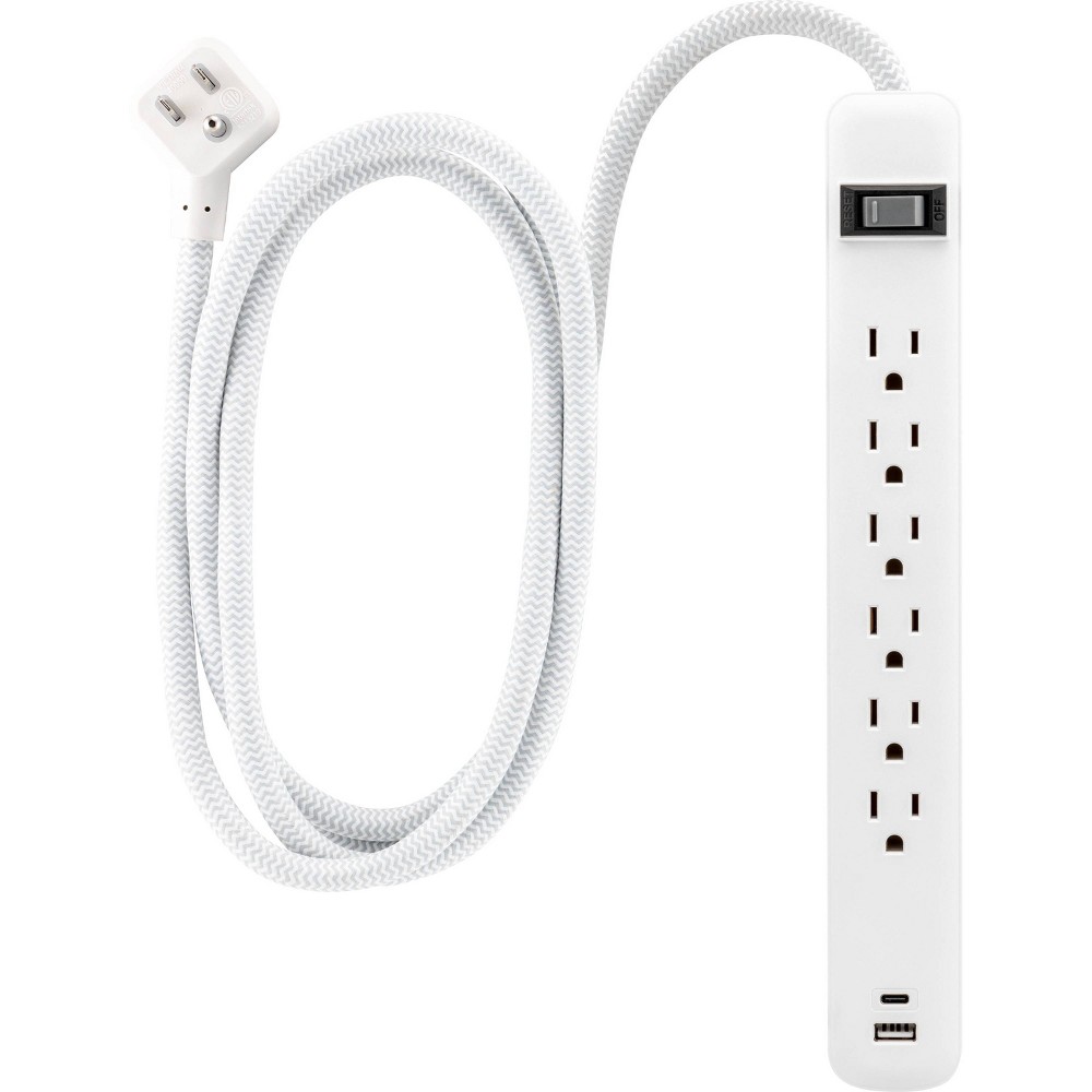 GE 6-Outlet Power Strip 1 USB-A 1 USB-C 15W Shared 6' Braided Cord White