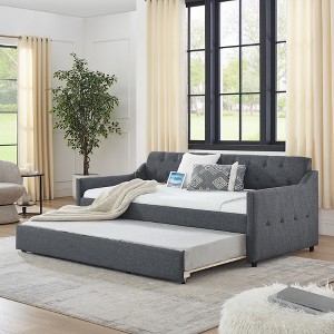 Twin Size Upholstered Daybed with Twin Size Erectable Trundle and USB Charging Design for Bedroom or Guest Room - 1 of 4
