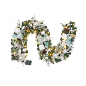 6 ft Pre-Lit Christmas Garland, Winter White Silver Xmas Garland with 20 LED Lights, Ball Ornaments, Ribbon Bow and Artificial Antlers - 1 of 4