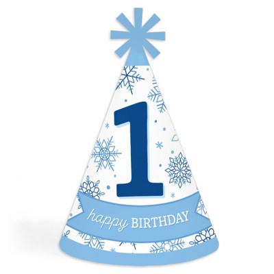 Big Dot of Happiness Blue Snowflakes 1st Birthday - Cone Happy Birthday Party Hats for Kids and Adults - Set of 8 (Standard Size)