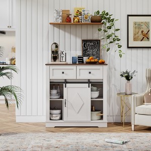 39inSliding Barn Door Buffet Sideboard Storage Cabinet Coffee Bar with Storage and 2 Drawers, Coffee Storage Cabinet for Dining Room,White - 1 of 1