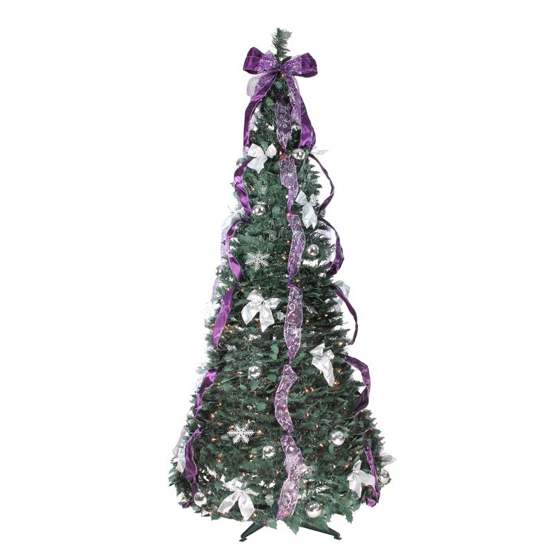 Northlight 6' Artificial Christmas Tree Prelit Purple and Silver Decorated Pop-Up - Clear Lights, 1 of 6