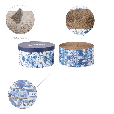 THE LICKER STORE Kate 12" Modern Patterned Cardboard Reversible Cat Scratcher Pad In Box with Catnip, Blue/White (5-Pack)