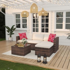 5 Pieces Patio Furniture Set, Outdoor Glass Table and Cushions with Rattan Wicker Chairs, Porch, Balcony, Backyard, Garden - 1 of 4