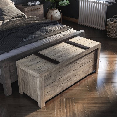 Weathered Oak Farmhouse Storage Bench with Slide Top