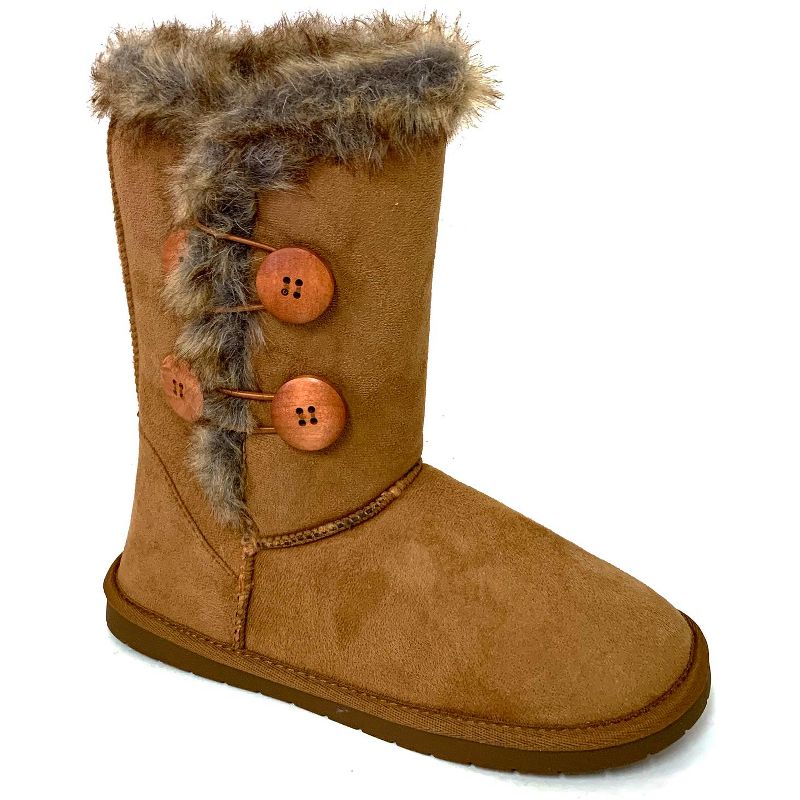 Women's Winter Boots Faux Suede Button 10" Mid Calf Fur Snow Shoes, Camel-6