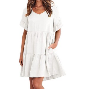 Coolmee Women's Summer Babydoll Dresses Cute Ruffle Sleeve V-Neck Sundress Flowy Swing Mini Dress - 1 of 4