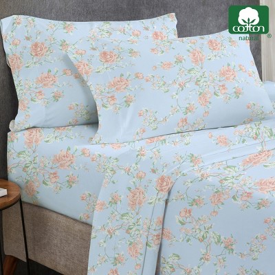 Full Floral Blue and Pink Cotton Microfiber Sheet Set