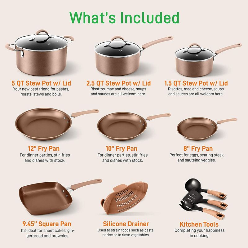 NutriChef Metallic Nonstick Ceramic Cooking Kitchen Cookware Pots and Pan Baking Set with Lids and Utensils, 20 Piece Set, Bronze (2 Pack), 3 of 7