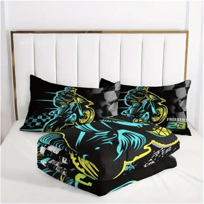 Boersma Motocross Bedding Set, Motorcycle Racer Comforter Extreme Sport Bedding Set, 1 Comforter And 2 Pillowcases