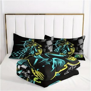 Boersma Motocross Bedding Set, Motorcycle Racer Comforter Extreme Sport Bedding Set, 1 Comforter And 2 Pillowcases - 1 of 4