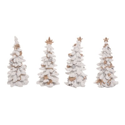 Transpac Christmas Winter Elegant White Gold Polyresin Holiday Tree Tabletop Figurine Decoration Set of 4, 6.0H inches