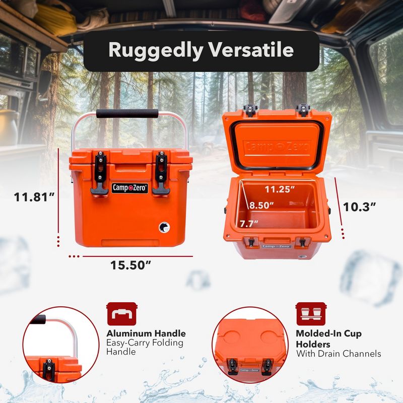 CAMP-ZERO 10 Liter 10.6 Quart Lidded Cooler with 2 Molded In Cup Holders, Folding Aluminum Handle Grip, and Locking System, Burnt Orange, 3 of 7