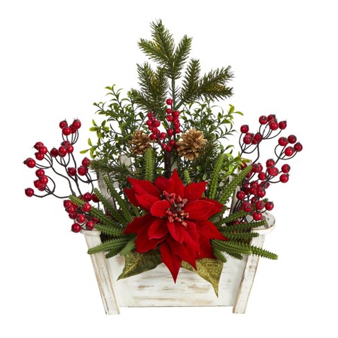 Nearly Natural 18-in Poinsettia, Succulent And Berry Artificial ...