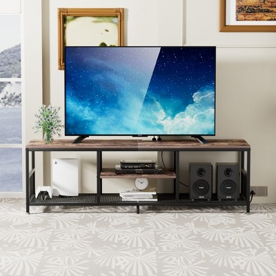 VECELO 3-Tier Industrial TV Stand for TVs Up to 80" Media Console TV Table with Power Outlets & Storage Shelve for Living Room, Bedroom Gray/Brown/Gray