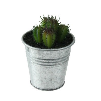 Mini Tropical Green and Red Artificial Cactus in Silver Tin Pot