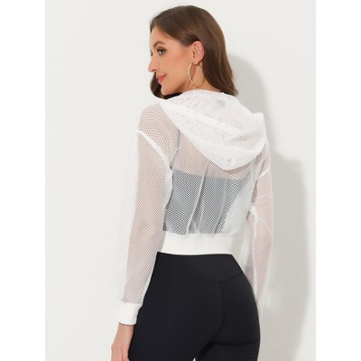 INSPIRE CHIC Women's Zip Up Fashion Mesh Sheer Hoodie Bomber Jackets with Pocket Medium White — фото 3