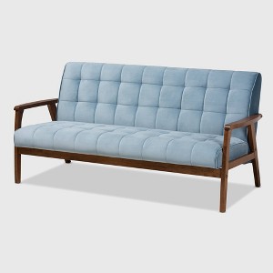 Asta Velvet Upholstered Wood Sofa Light Blue/Walnut - Baxton Studio: Mid-Century Modern, Rubberwood Frame, Tufted - 1 of 4