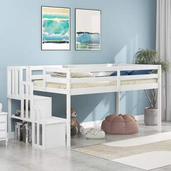 Twin Size Wood Loft Bed with Storage Staircase-ModernLuxe