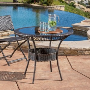 Osparple Round Patio Table,Wicker Outdoor Dining Table with Tempered Glass Tabletop and Open Shelf for 2/4,Brown - 1 of 4