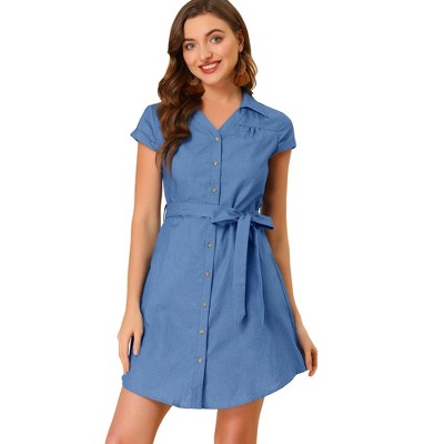 INSPIRE CHIC Women's Short Sleeve Button Down Belted Dress