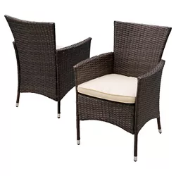 Malta Set of 2 Wicker Patio Dining Chair with Cushion- Brown - Christopher Knight Home