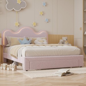 Bed Frame with Adjustable Upholstered Headboard Princess Boucle Bed Frame for Girls/Kids with LED Light Drawers Strong Wood Slat Support - 1 of 4