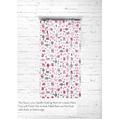 Bacati - Owls Pink Gray Girls Cotton 3 pc Toddler Sheet Set