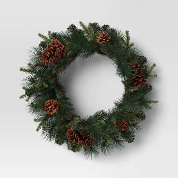 24" Mixed Greenery with Pinecones Artificial Christmas Wreath Green - Wondershop™