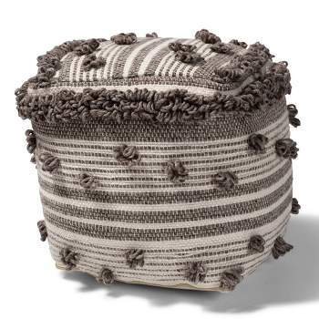 Eligah Handwoven Wool Moroccan Inspired Pouf Ottoman Ivory/Brown - Baxton Studio