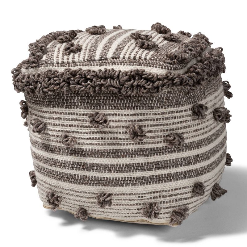 Eligah Handwoven Wool Moroccan Inspired Pouf Ottoman Ivory/Brown - Baxton Studio, 1 of 8