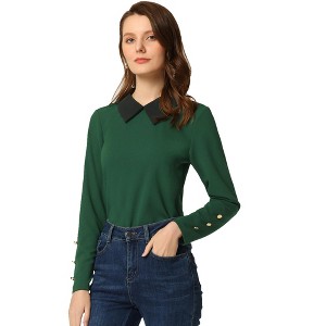 Allegra K Women's Pointed Collar Knit Contrast Neck Long Sleeve Party Shirt - 1 of 4