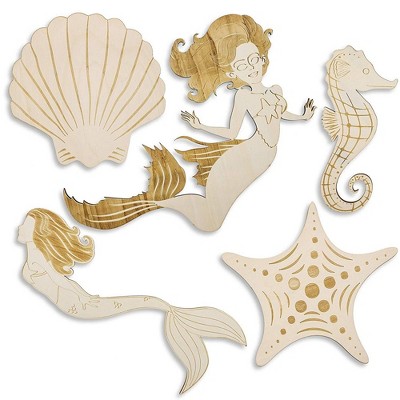 Genie Crafts 5 Pack Mermaid Under The Sea Unfinished Wood Cutouts, DIY Painting, Arts and Crafts for Kids, 5 Designs, Assorted Sizes