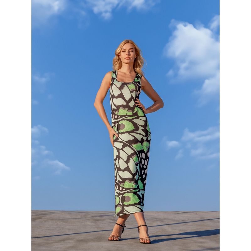 24seven Comfort Apparel Womens Green Butterfly Print Casual Razorback Tank Maxi Dress, 5 of 9