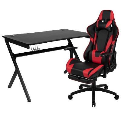 BlackArc 2pc Charlie Gaming Desk and Chair Set Red: Ergonomic with Footrest, Open Storage Shelf