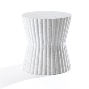 LuxenHome Outdoor Side Table, 18"White with Gray Fluted Hourglass-Shape Round Cement End Table, Accent Table for Indoor and Outdoor - 1 of 4
