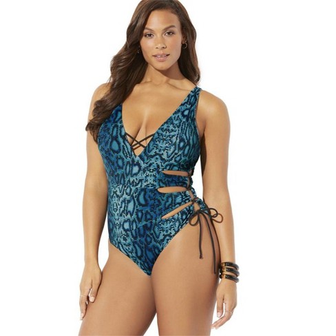 Swimsuits For All Women's Plus Size Cut Out One Piece Swimsuit, 10 - Teal  Snake Print : Target