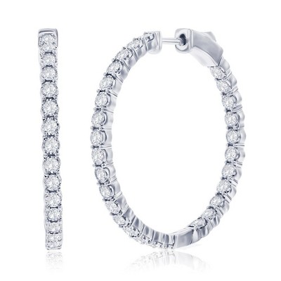 Diamonds D'Argento Sterling Silver, Inside-Outside 1.44cttw Lab-Grown Diamond, 32mm Hoop Earrings - (56 Stones) - Silver