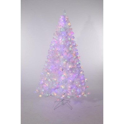 White Prelit Artificial Christmas Tree with Dual Color Lights & 288 Branch Tips, Metal Stand, Holiday Decoration