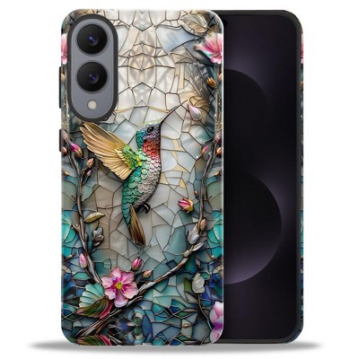 BONGEEK Case Compatible with Samsung Galaxy S25 Edge,Scratch Resistant Hybrid 2-Layer Hard Shell Bright Phone Case,Hummingbird Flower Stained Glass