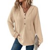 Womens Sweatershirts Waffle Knit Drawstring Button V Neck Long Sleeve Hooded Top - 2 of 3
