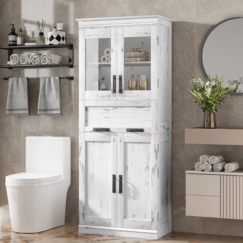 Tall Bathroom Cabinet, Kitchen Pantry Cabinet with Glass Doors and Shelf, Freestanding Storage Cabinet for Living Room, Antique White, 2 of 13