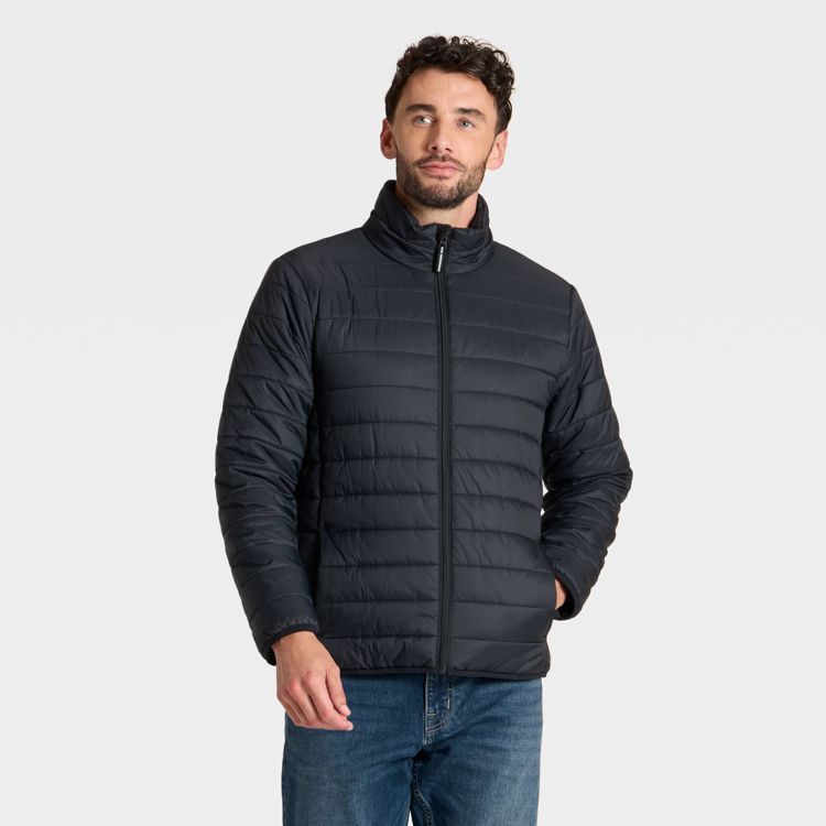 Black colored quilted jacket with a high collar and front zipper.