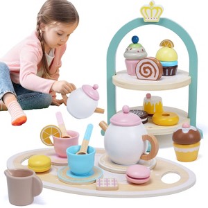 Skirfy Wooden Tea Party Set for Toddlers, Pretend Play Tea Sets for Kids with Storage Cupcake Stand - 1 of 4